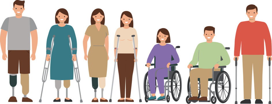 Cartoon disabled people, prosthetic leg, wheelchair users, crutches, cane support, inclusive design, disability awareness, healthcare, mobility aid, rehabilitation, physical therapy, elder care - Powered by Adobe