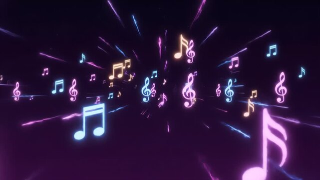 A dynamic journey through abstract musical elements, featuring glowing neon music notes and treble clefs against a dark background with vibrant, radiating streaks of light.