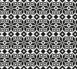 Black and white abstract geometric pixel seamless pattern. Carpet art. Vector embroidery tile design collection. Pixel black pattern. Ornamental textile monochrome background inspired traditional.