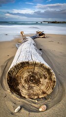 Driftwood log on a sandy beach