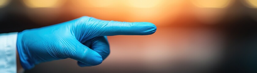 Medical professional pointing with gloved hand clinical setting high-resolution image focused environment close-up perspective