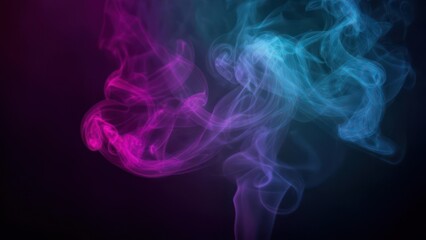 Vibrant neon smoke plumes swirl dynamically in contrasting pink and blue against a dark background