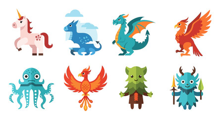 Collection of colorful cartoon mythical creatures - unicorn, dragon, phoenix, octopus, and forest spirit.