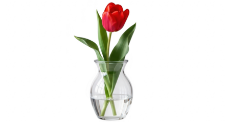 A single vibrant red tulip stands tall in a clear glass vase against a dark background
