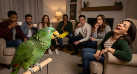 A green parrot nibbles a yellow feather while a diverse group of friends watches indoors