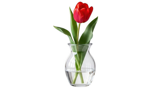 A single vibrant red tulip stands tall in a clear glass vase against a dark background