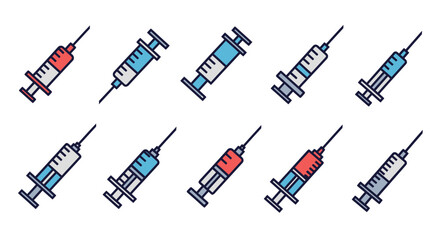 Collection of Colorful Line Art Syringe Icons.