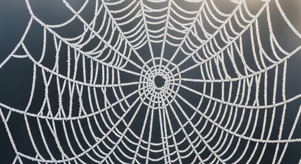 Obraz premium Close-up of a spiderweb covered in white frost against a dark background on a cold morning.