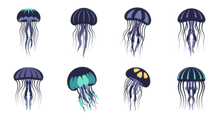 Obraz premium Collection of eight stylized dark blue and purple jellyfish illustrations with striped bells and long, flowing tentacles.
