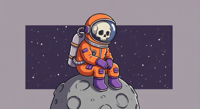 Cartoon astronaut skeleton sitting sadly on the moon in outer space artwork