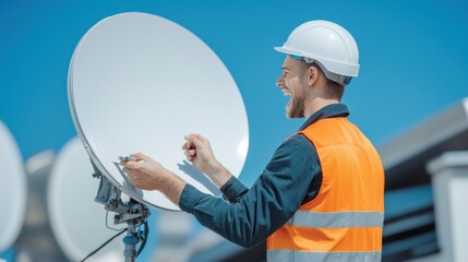 Satellite installation action rooftop location professional content urban environment close-up viewpoint technology concept