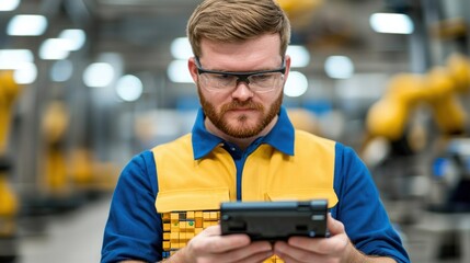 Industrial worker analyzing data on tablet in robotics manufacturing facility modern technology environment