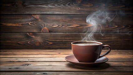 A rich brown cup of hot, steaming coffee or hot chocolate sits on a saucer on a rustic wooden table, perfect for a cold morning or cozy evening