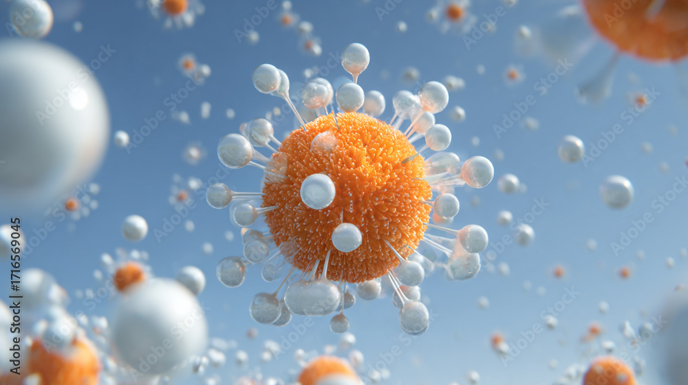 Aufkleber microscopic orange sphere with white protrusions surrounded by similar smaller spheres floating in b