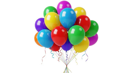 Vibrant cluster of colorful balloons floating against a stark black background with shimmering strings