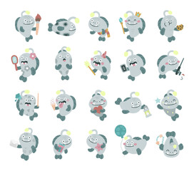 Obraz premium Anglerfish character set in scandinavian style showing different emotions and poses while holding objects like gift, balloon, cookies, lanterns, underwater in a marine atmosphere