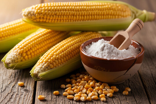 Fresh corn cobs and cornstarch on a rustic wooden table