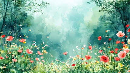 Fototapeta premium Serene Floral Landscape with Vibrant Wildflowers in Soft Light
