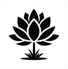 Black Silhouette of a Lotus Flower with Many Delicate Petals, a Stem, and Blades of Grass on a White Background