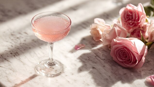 Pink cocktail glass with roses on marble