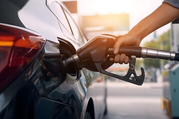 Close-up of hand fueling a car at gas station with fuel nozzle at petrol pump during daylight
