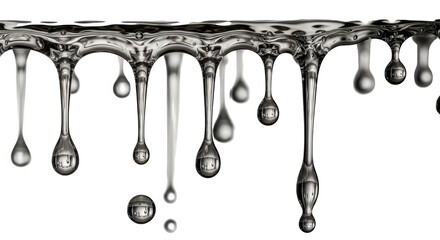 Melting icicles drip water forming abstract shapes against a stark black background