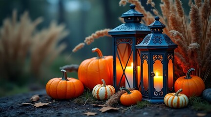Lanterns with Pumpkins and Pampas Grass Halloween