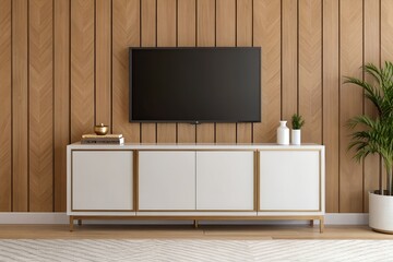 Modern Living Room Interior with Flat Screen TV and White Cabinet