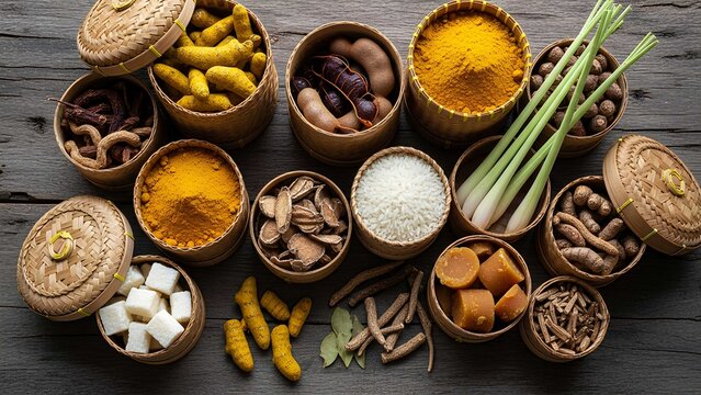 Indonesian Jamu ingredients in bamboo baskets: turmeric (Curcuma longa), ginger (Zingiber officinale), tamarind (Tamarindus indica), lemongrass, rice, palm sugar, and herbs on wooden background.