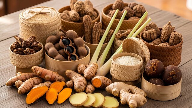 Indonesian Jamu ingredients in bamboo baskets: turmeric (Curcuma longa), ginger (Zingiber officinale), tamarind (Tamarindus indica), lemongrass, rice, palm sugar, and herbs on wooden background.