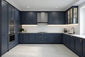 Modern Navy Blue Kitchen with White Backsplash and Gold Accents
