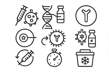 Genetic Engineering Icons. Line style icons of genetic engineering: vaccine development, gene-based vaccine, mRNA vaccine icon,