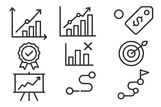 Mergers & Acquisitions Icons. Line style icons of mergers & acquisitions: performance projection, deal metrics chart, transaction
