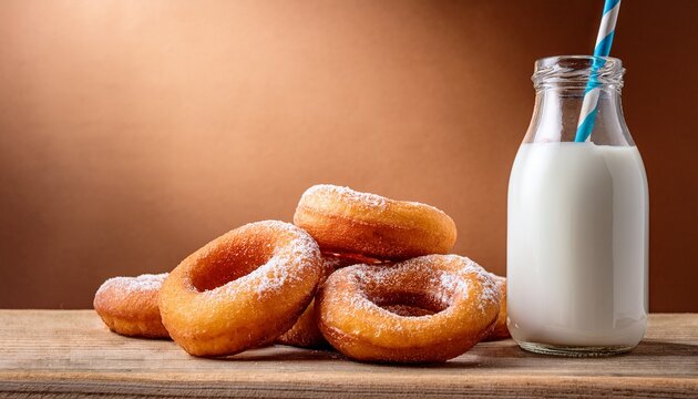 Tasty Spanish Donuts With Milk In Bottle With Straw