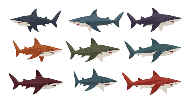 Nine stylized great white sharks in various colors, flat design illustration.