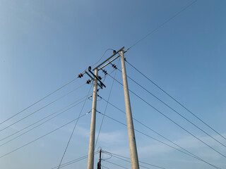 Fototapeta premium Electric pole standing against clear blue sky under natural sunlight, symbolizing power, infrastructure, energy, and urban development.