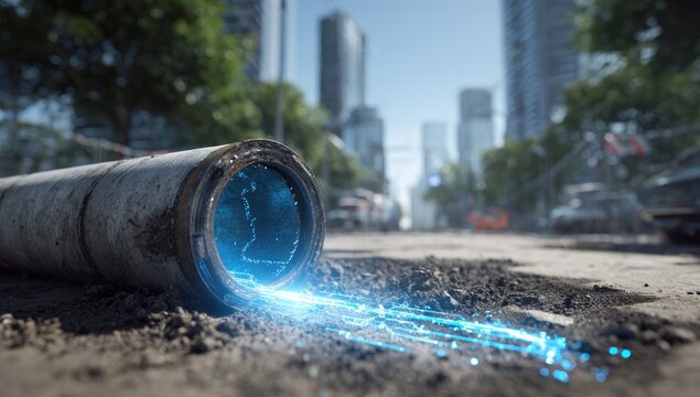 A metallic pipe lies on a construction site, with glowing lines emanating from inside