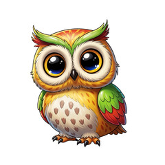 Cute Cartoon Owl Illustration with Bright Turquoise Eyebrows and Pink Belly