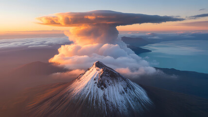 Aerial view of volcano with snow covered peak and cloud formation at sunrise landscape photography