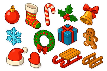 Festive Holiday Icons. Isometric vector illustration set of Christmas holiday elements: shiny glass ornament, patterned stocking
