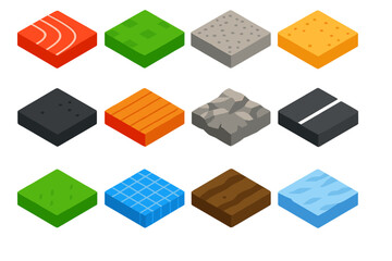 Obraz premium Vibrant Fitness Terrains. Isometric vector illustration set of terrain textures for fitness: running track with lines, stadium