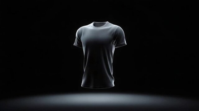 Sleek Athletic T-Shirt Rotating in a Dark Studio with Dramatic Spotlight Illumination.