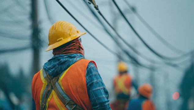 Construction worker outdoors, cloudy day