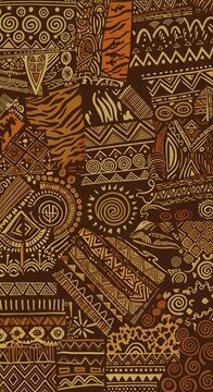 Rich and intricate collection of African art patterns, characterized by a blend of geometric shapes, symbolic motifs, and animal prints