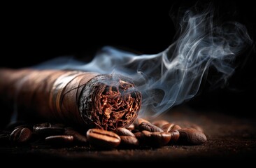 Close-up of a cigar with smoke and coffee beans