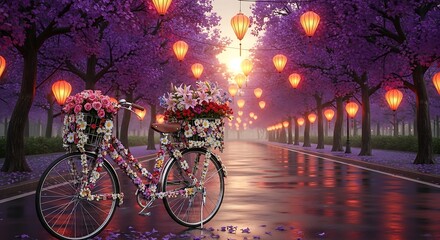 Enchanted evening with a floral bicycle on a reflective street under blossoming trees
