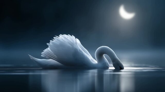 Serene Lake with Elegant Swan Under Moonlight