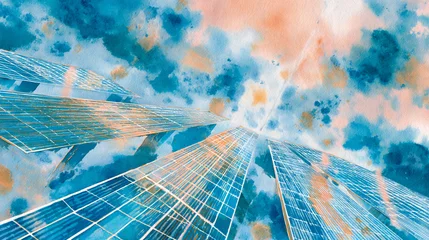Wandcirkels Aquarelschilderij wolkenkrabber Solar skyscrapers reaching for a vibrant sky a watercolor painting of sustainable energy architecture  © Tohamina