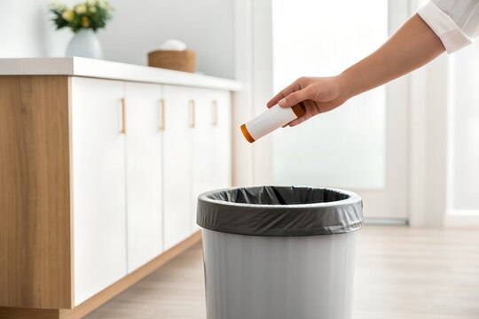 Person Discarding Medicine Bottle into Trash Can in Bright Kitchen