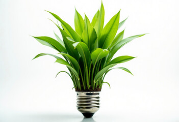 A light bulb with green leaves instead of glass and an incandescent filament on a white background.